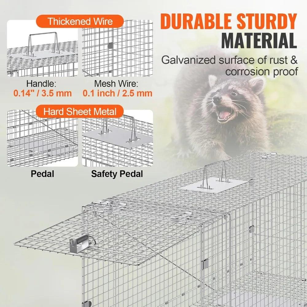 Humane Animal Trap Cage 42x16x18 Galvanized Iron Folding Live Cat Raccoon Fox Dog Capture