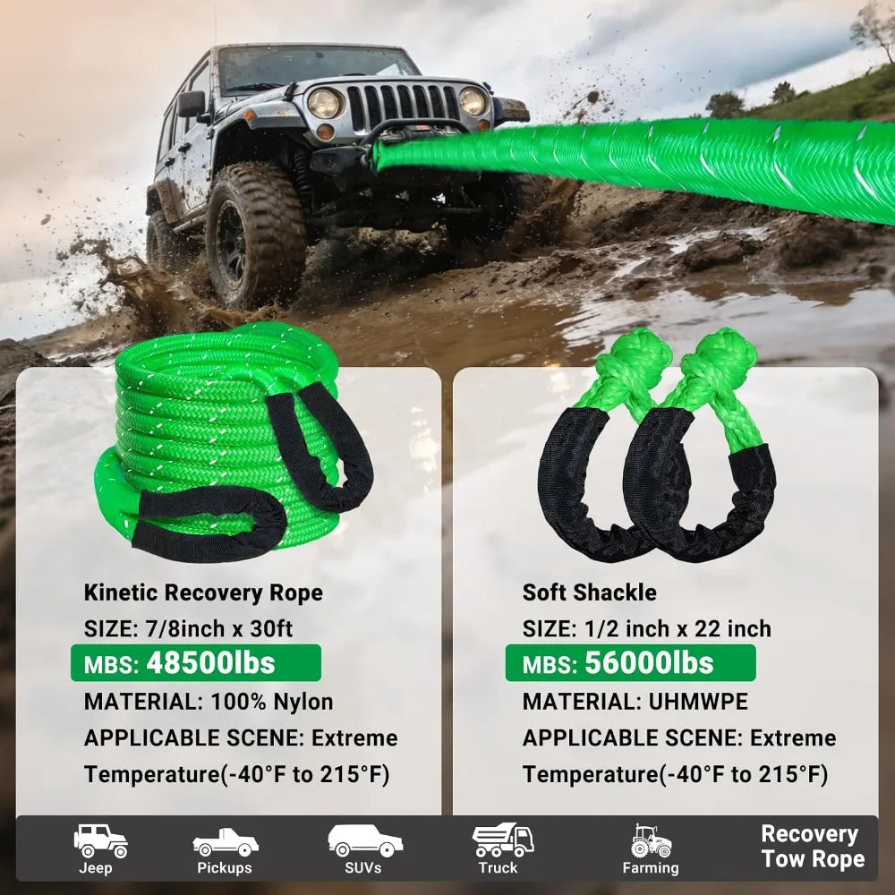 Kinetic Recovery Tow Rope 30 Feet Snatch Strap With 2 Soft Shackles 48500 Lbs