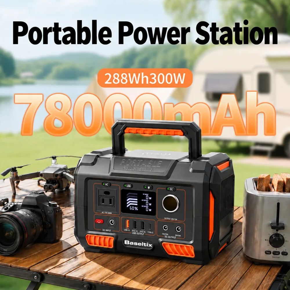 78000mAh Portable Power Station 300W, 228Wh Solar Power Generator Battery Backup with 110V AC Outlet, Wireless Charging, USB-C PD 60W, Emergency Power Supply for Camping, RV, CPAP, Outdoor Off-Grid