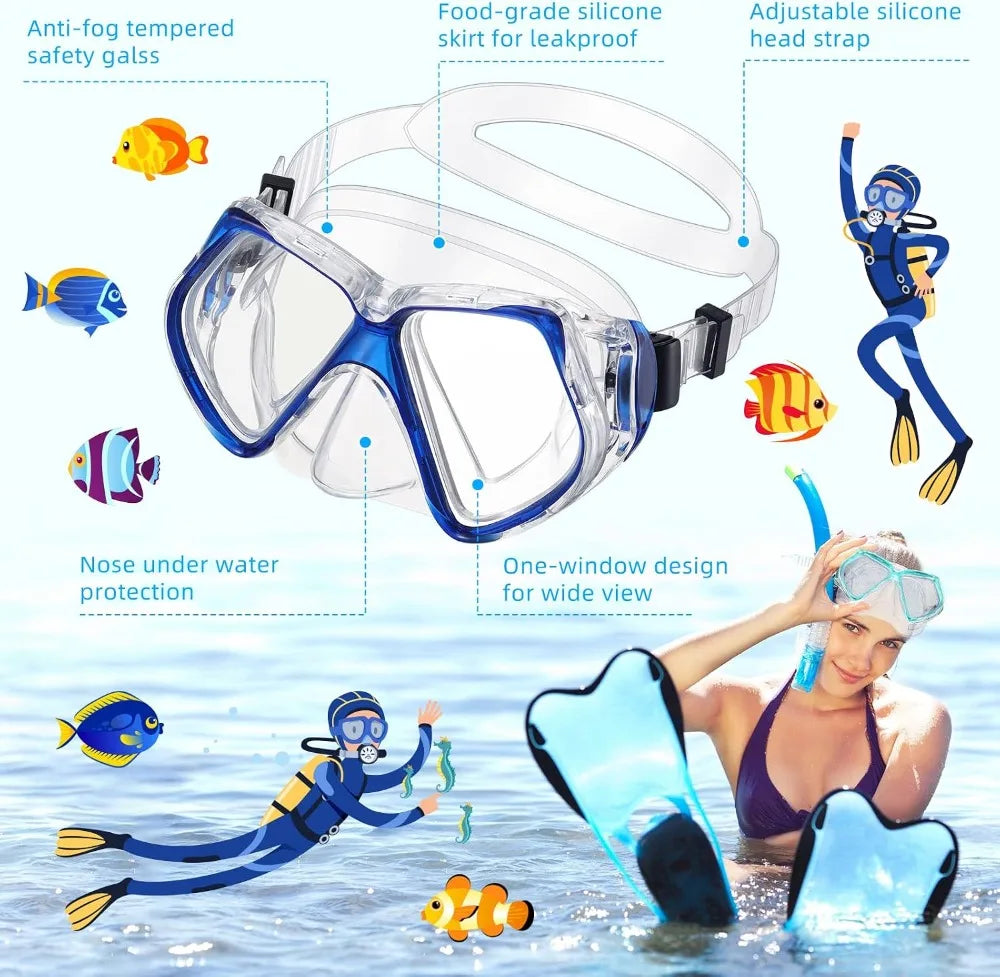 4 Pcs Adult Swim Goggles With Nose Cover And Tempered Glass Snorkel Mask