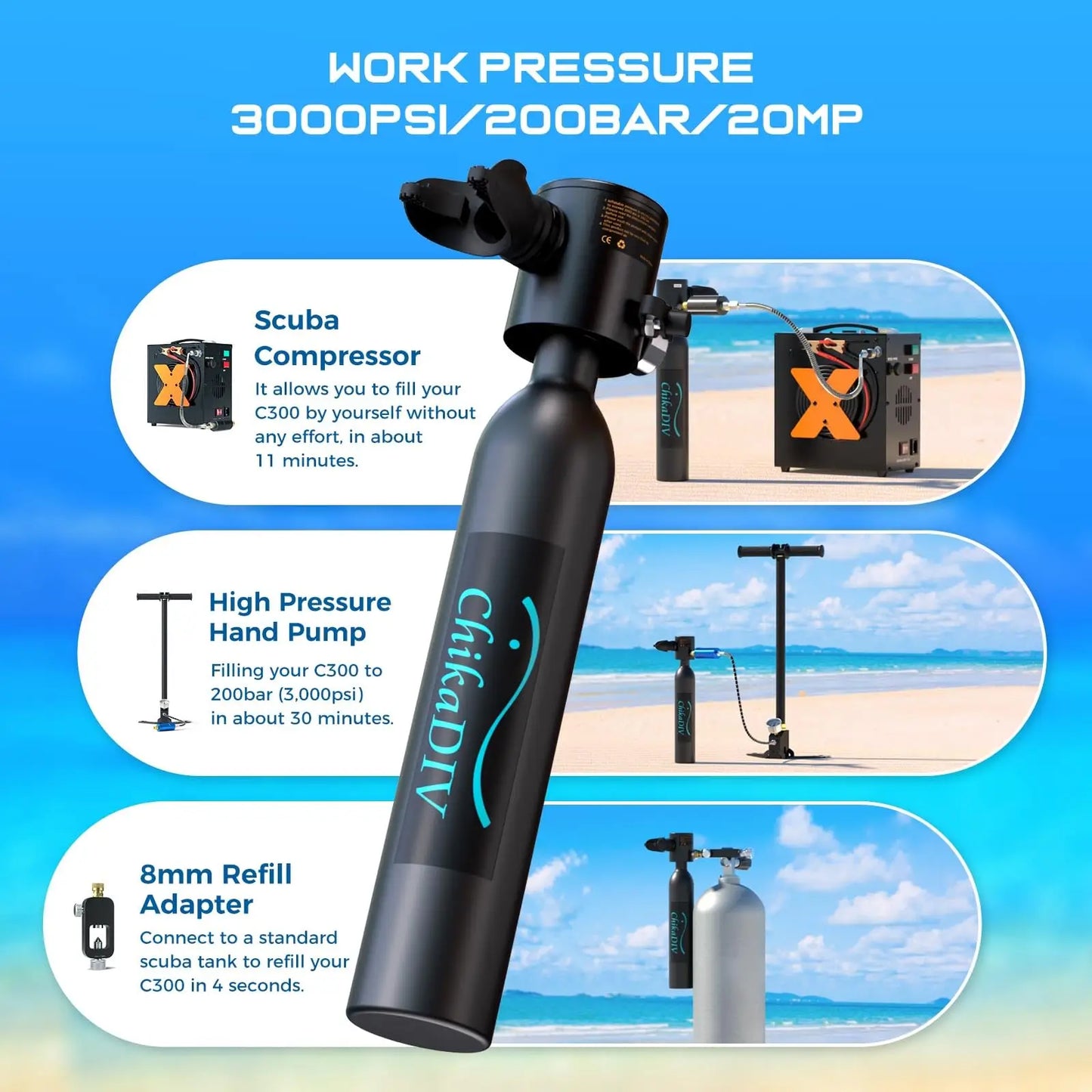Transform your underwater adventures with this portable refillable oxygen cylinder designed for safe and extended diving.