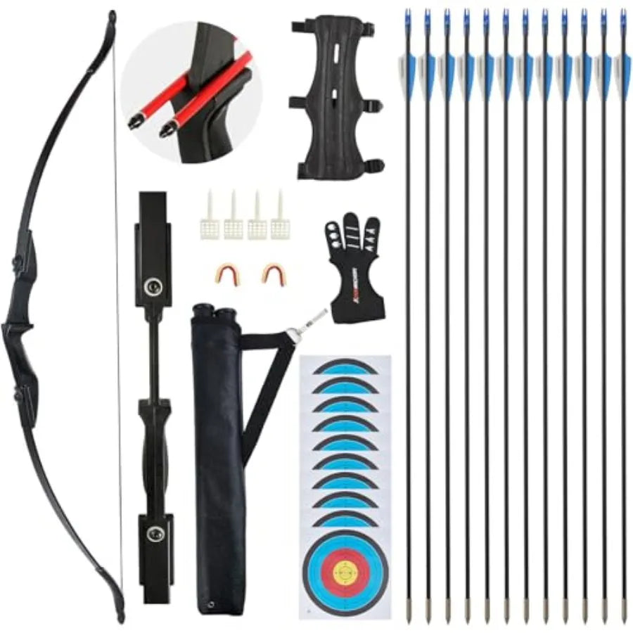 Recurve Bow and Arrow Set for Adults and Youth, Takedown Archery Bow with 12 Arrows, Black, 20lbs-40lbs, Suitable for Beginners