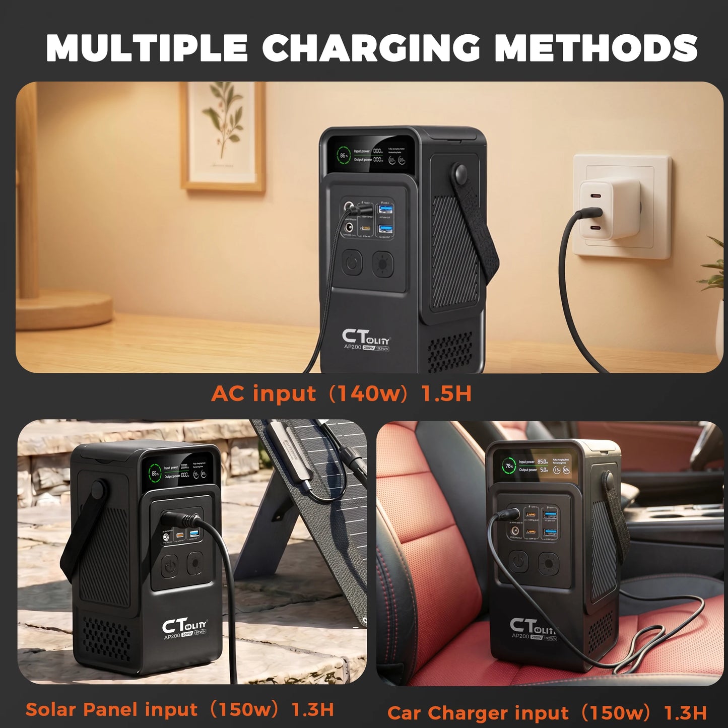 CTOLITY AP200 200W 192Wh Solar Generator Portable Power Station Camping 192Wh Lifepo4 Battery AC Outlets 60000mAh