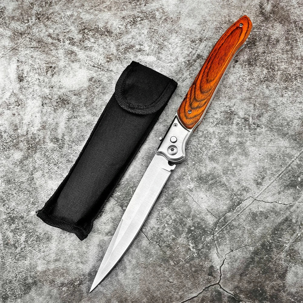 12-inch Large Assisted Opening Folding Knife, D2 Steel Blade, Wooden Handle, Nylon Sheath, Men's Outdoor Hiking Camping EDC Tool