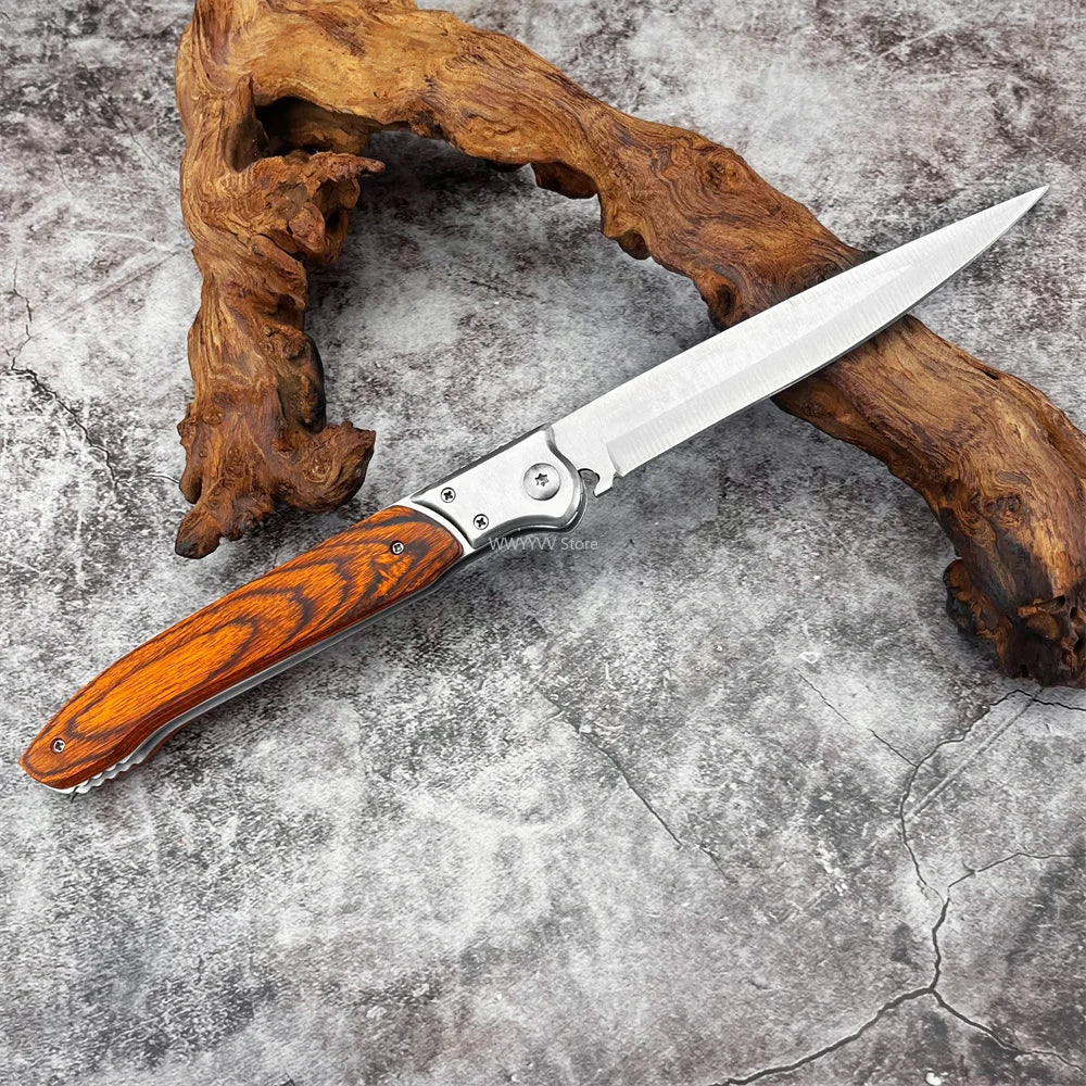 12-inch Large Assisted Opening Folding Knife, D2 Steel Blade, Wooden Handle, Nylon Sheath, Men's Outdoor Hiking Camping EDC Tool