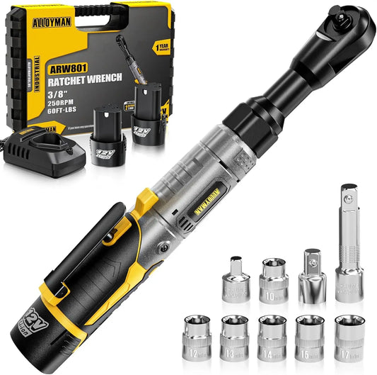 3/8" Cordless Electric Ratchet Wrench Set, 60FT-LBS Torque, 12V with Variable Speed, LED Light, 6 Sockets & Adapters