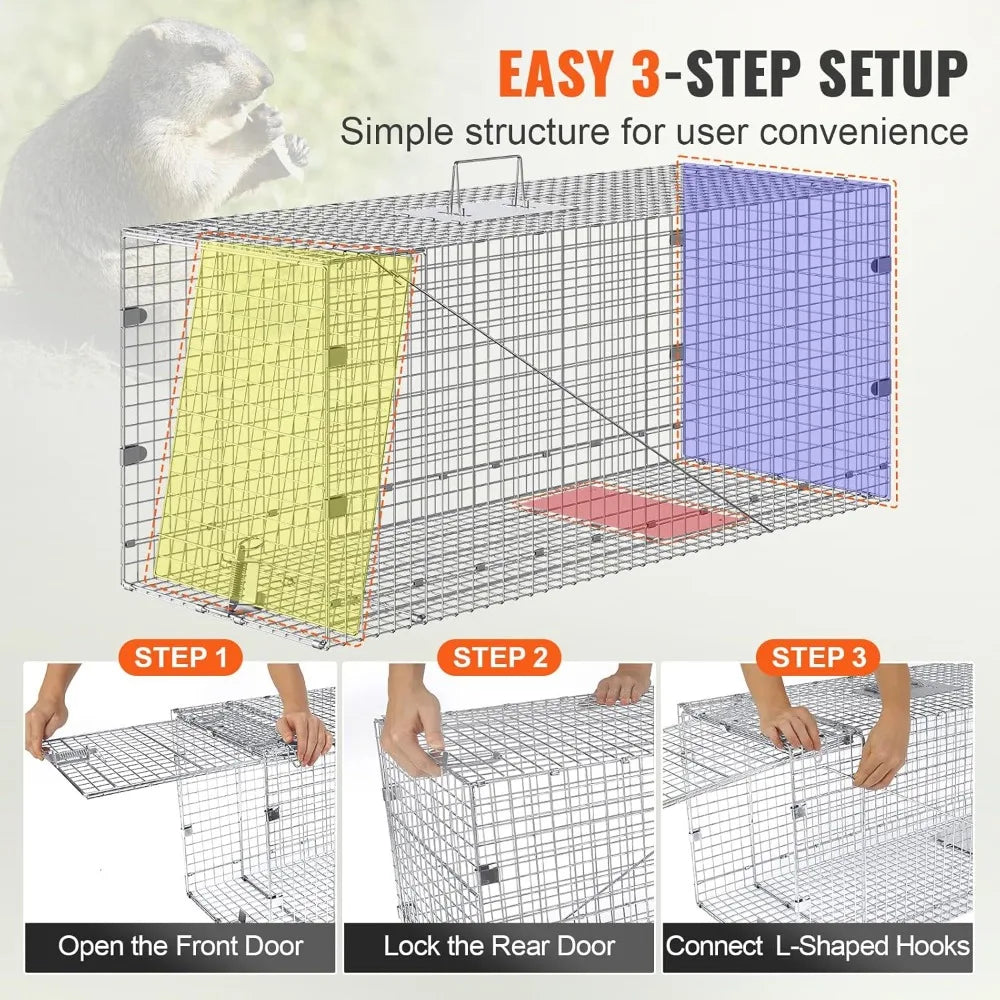 Humane Animal Trap Cage 42x16x18 Galvanized Iron Folding Live Cat Raccoon Fox Dog Capture