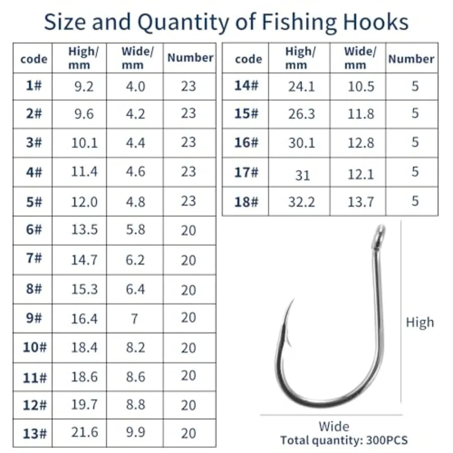 300 Piece Fishing Hooks Set 18 Sizes Carbon Steel Barbed Hooks Storage Box