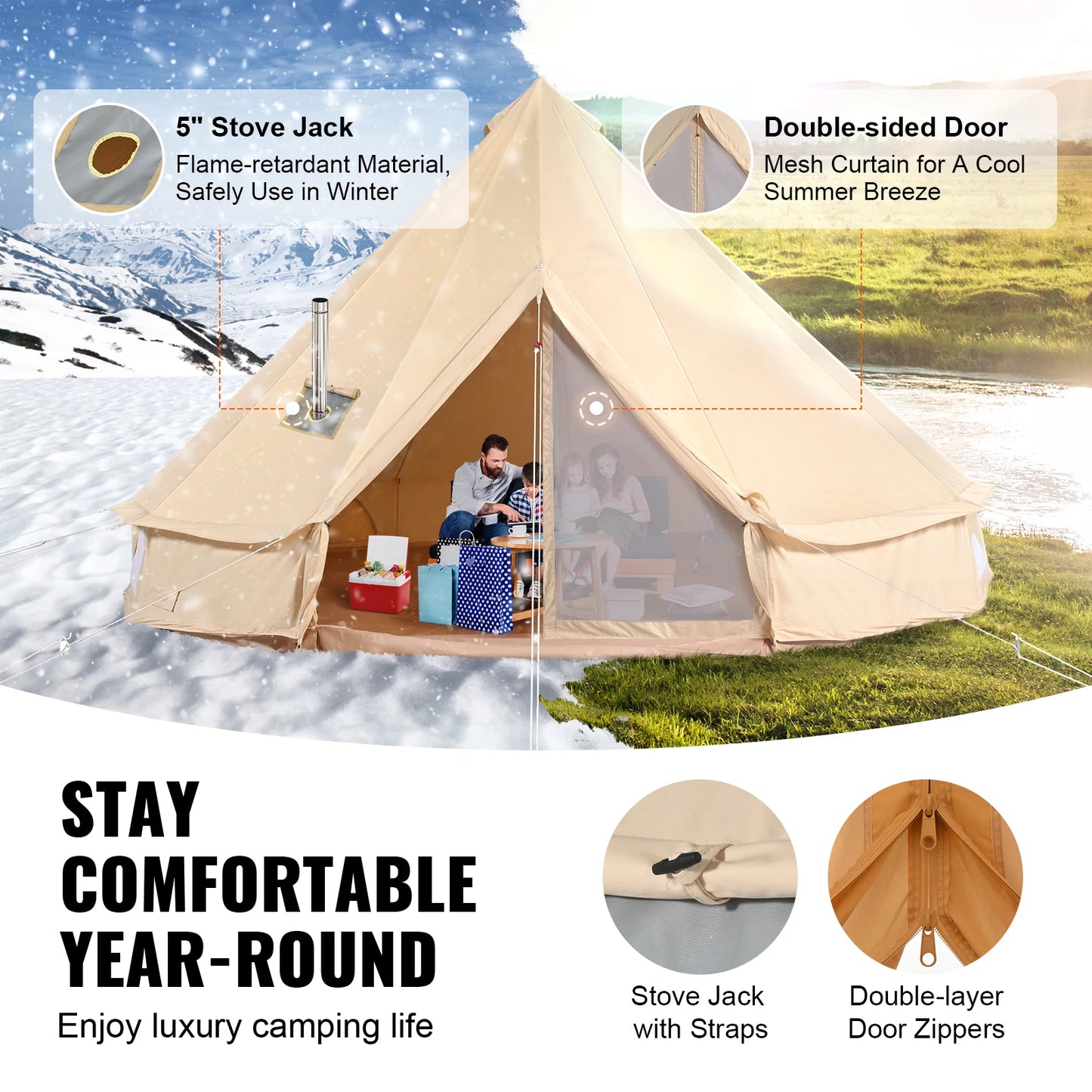 Elevate your outdoor gatherings with our spacious canvas bell tent designed for year-round comfort and effortless setup.