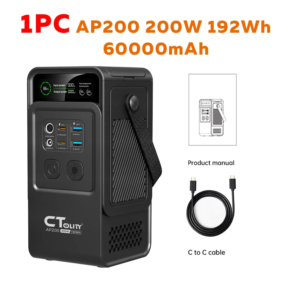 CTOLITY AP200 200W 192Wh Solar Generator Portable Power Station Camping 192Wh Lifepo4 Battery AC Outlets 60000mAh