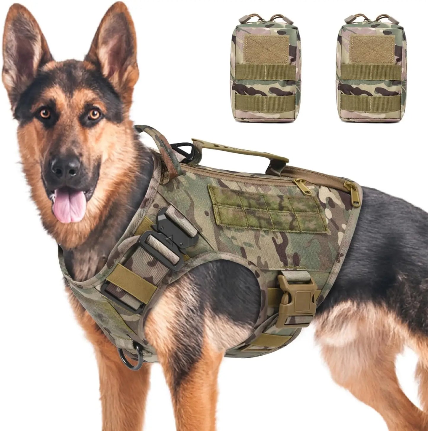 Adjustable No-Pull Tactical Dog Harness for Medium/Large Dogs, Camouflage with Handle & Pouches