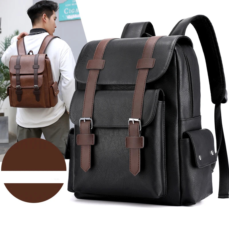 Large PU Leather Travel Backpack For Men And Teens With Laptop Compartment