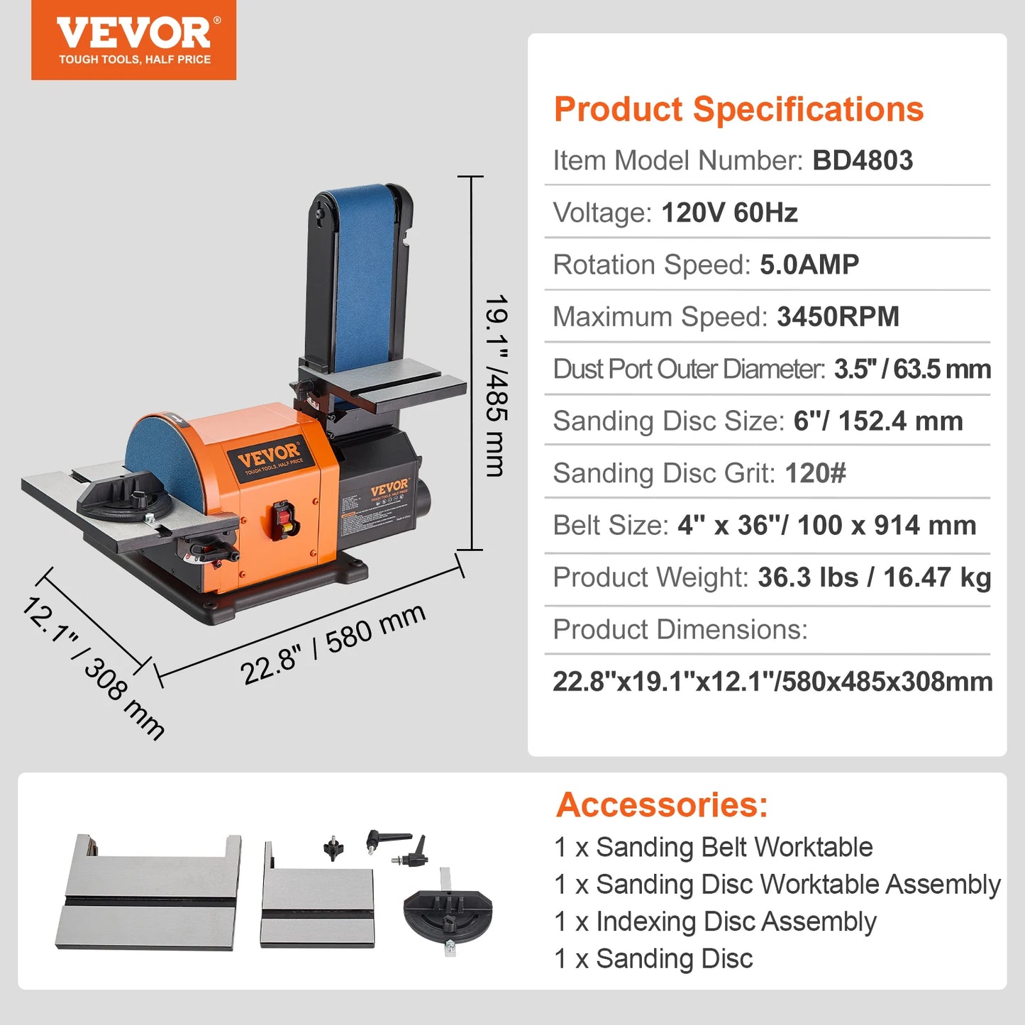 SucceBuy Belt Disc Sander Combo with 5A/4.3A/2.5A Induction Motor Sanding Machine Woodworking Deburring Grinder Combo Bench