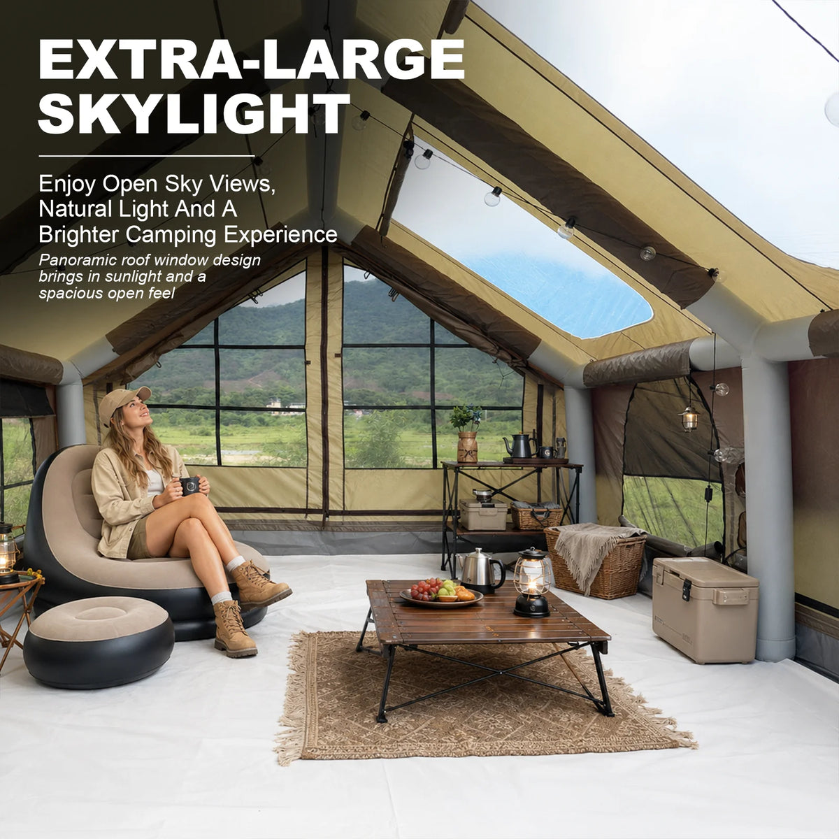 SENLEETO Large Inflatable Camping Tent 6-8 Person with Waterproof Mat,420D Oxford Glamping Hot Tent with Stove Jack AC Port,Easy Setup Blow Up Tent for Outdoor Camping