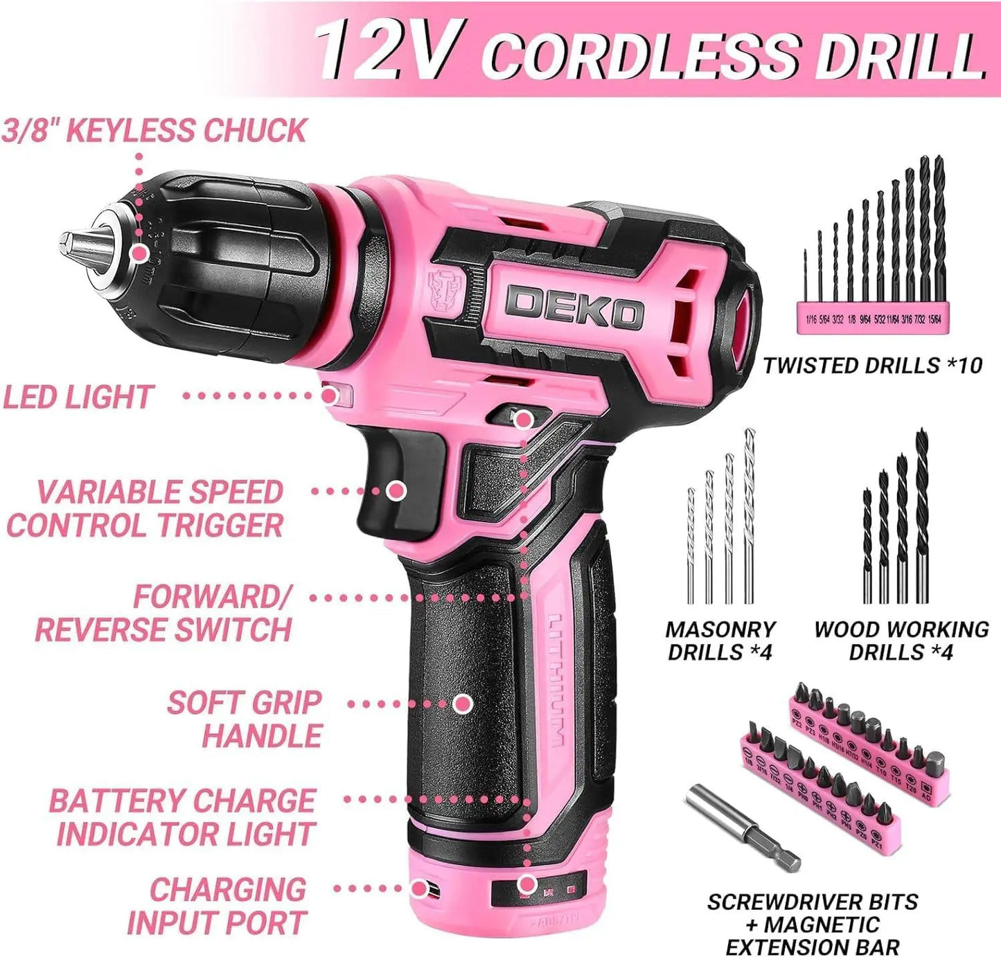 Pink Cordless Drill Tool Set Kit for Women, 12V Electric Drill Driver with Toolbox for Home Repair and DIY Projects