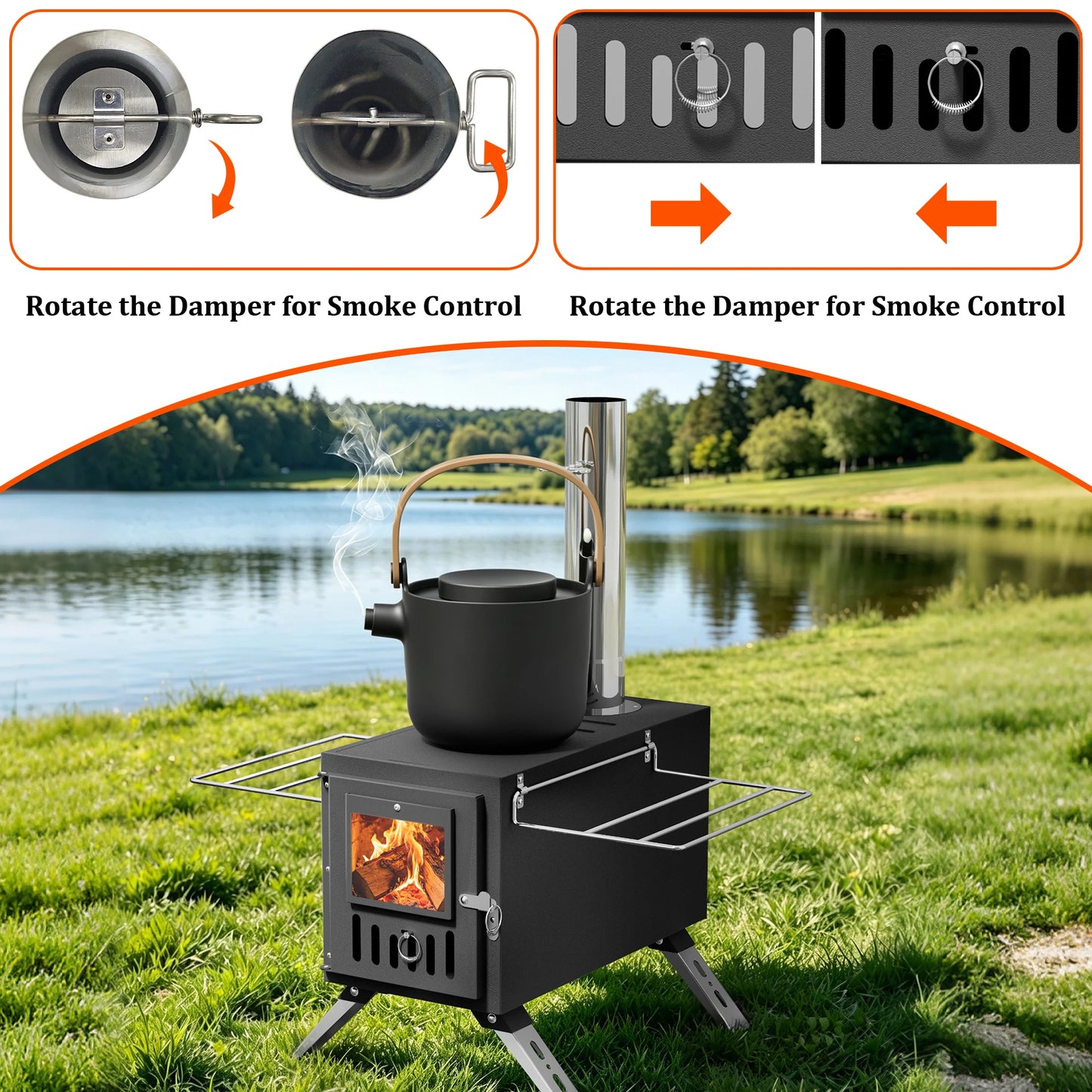 Hot Tent Stove,UNHO Wood Burning Stove,Small Wood Stove with 6 Stainless Chimney Pipes for Outdoor Heating & Cooking, Ice Fishing, Hunting ， Outdoor Camp Firewood Stove Portable Stove for Multifunctional Firewood Burner wit