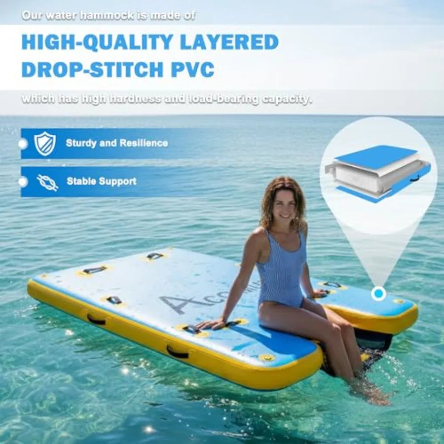 Portable inflatable water platform with dog ramp: heavy-duty 6 thick drop stitch floating dock for pets adults kids; ideal for