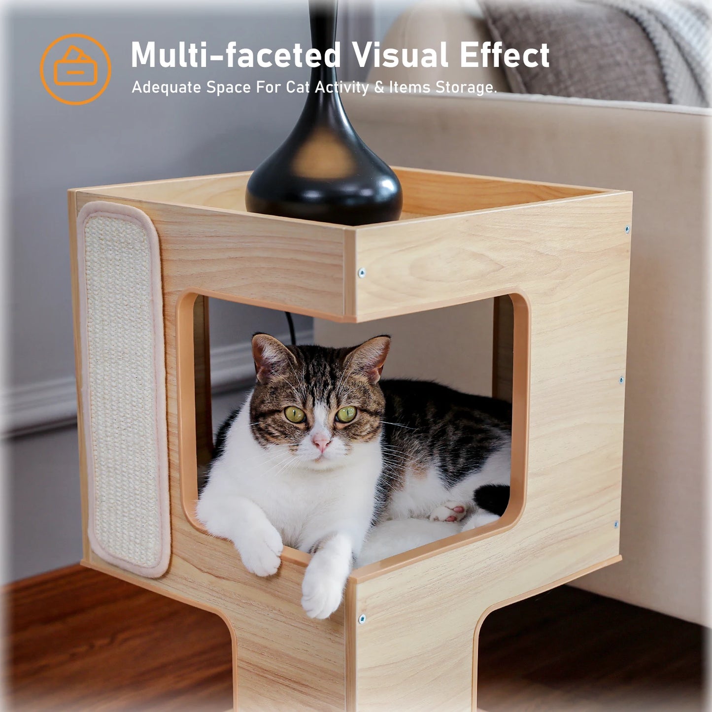 Give your cat a cozy retreat with this stylish wooden condo that doubles as a playful climbing tower at home.