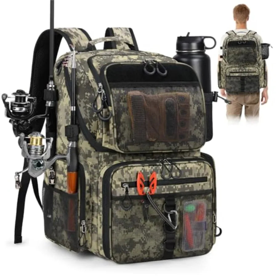 45L Fishing Backpack with Rod Holders and Rain Cover Large 900D Water-resistant Fishing Tackle Bag Store Fishing Gear