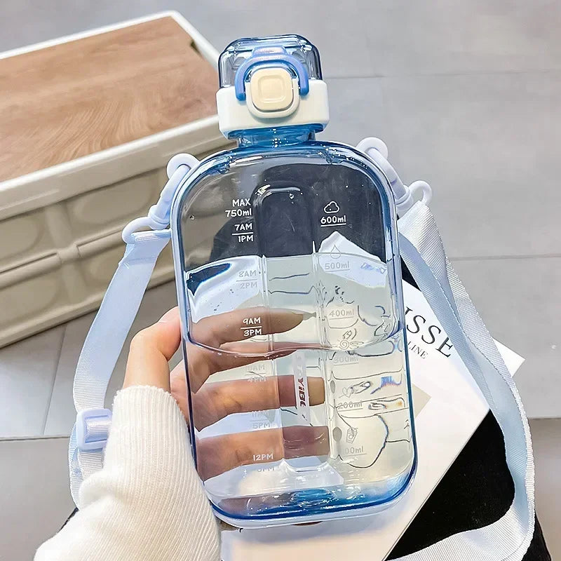Flat Square Transparent Water Bottle Portable Travel Canteen with Adjustable Strap Elegant Slim Bottle for Sport Camping