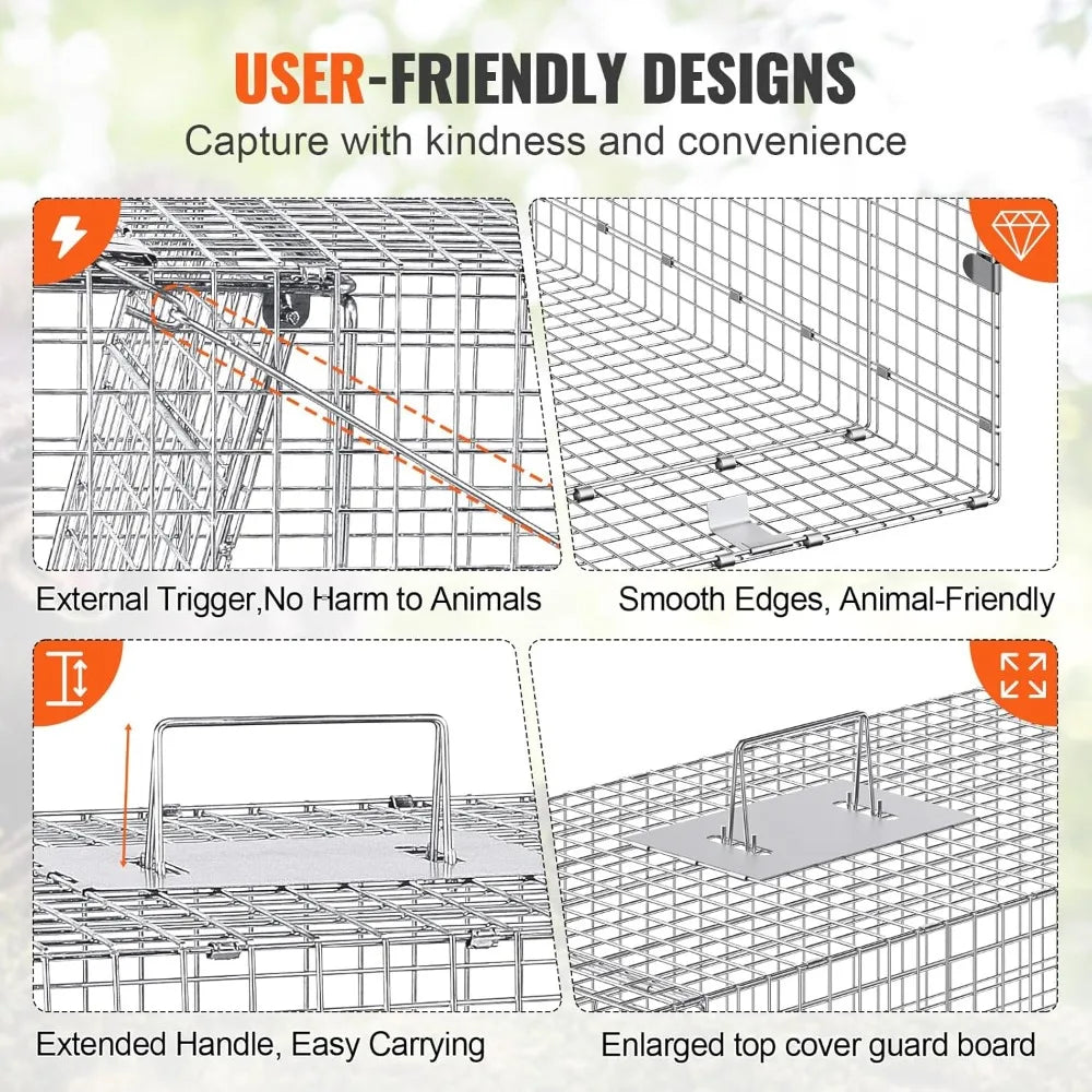 Humane Animal Trap Cage 42x16x18 Galvanized Iron Folding Live Cat Raccoon Fox Dog Capture
