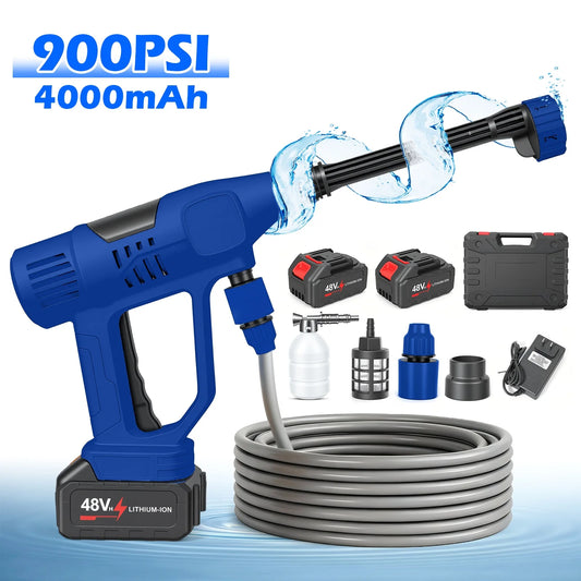 21V Portable Cordless Car Washer High Pressure Spray Water Gun 900PSI with 6-in-1 Nozzle 10-Speed Adjustment 2x 4.0Ah Batteries for Car Garden Floor Watering Plants