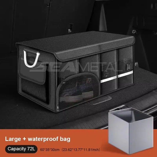 SEAMETAL 110L Large Trunk Organizer for Car Foldable Oxford Cloth Car Storage Bag Metal Handle Storage Box for Fishing Camping