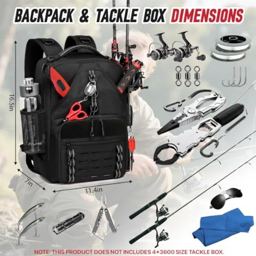 Fishing Tackle Backpack with Two Rod Holders Water Resistant Gear Bag