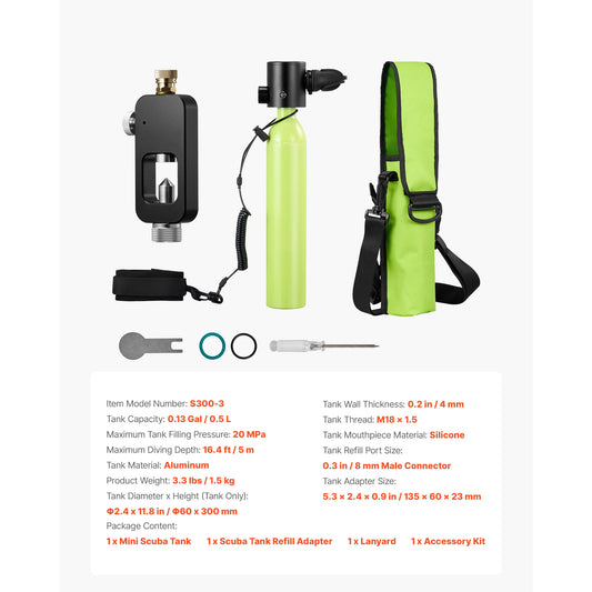 SucceBuy Mini Scuba Tank 0.5 L/1.9 L Portable Diving Tank for Underwater Breathing Emergency Rescue Pony Bottle for Snorkeling