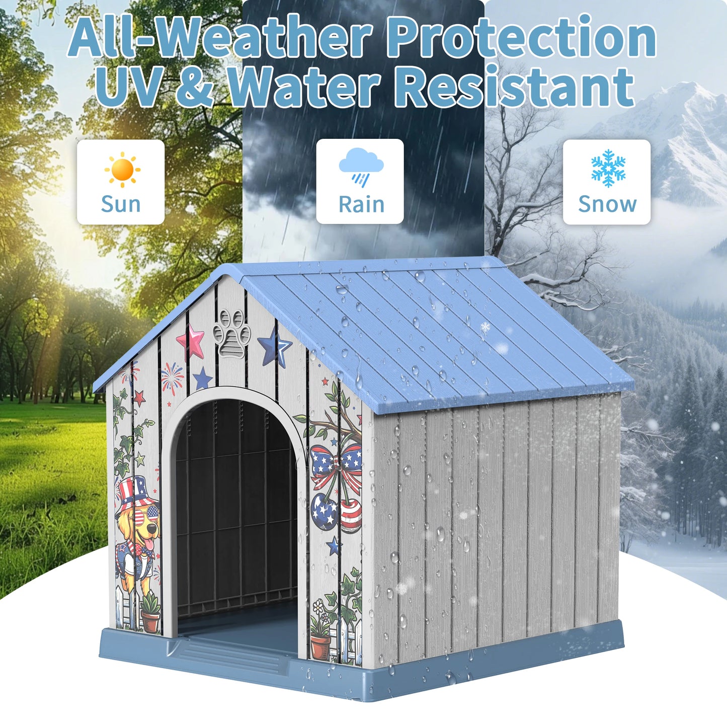 Weatherproof Outdoor Plastic Dog House With Printed Pattern Door Cover