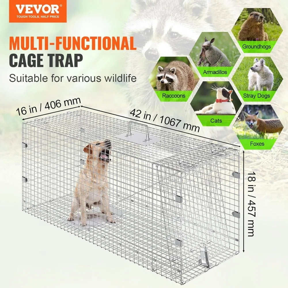 Humane Animal Trap Cage 42x16x18 Galvanized Iron Folding Live Cat Raccoon Fox Dog Capture