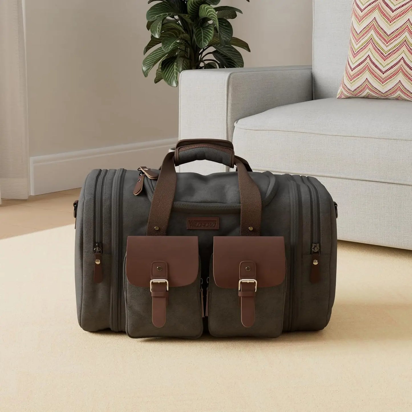 Expandable 60L Canvas Leather Duffle Bag, Waterproof Travel Weekender Carry-On with Shoe Compartment