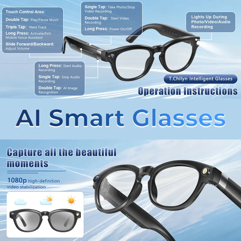 Smart Glasses Real-Time Translation Powered AI Chat Assistant, 8MP Camera 1080P Video Dual Mics Speakers photochromic lenses