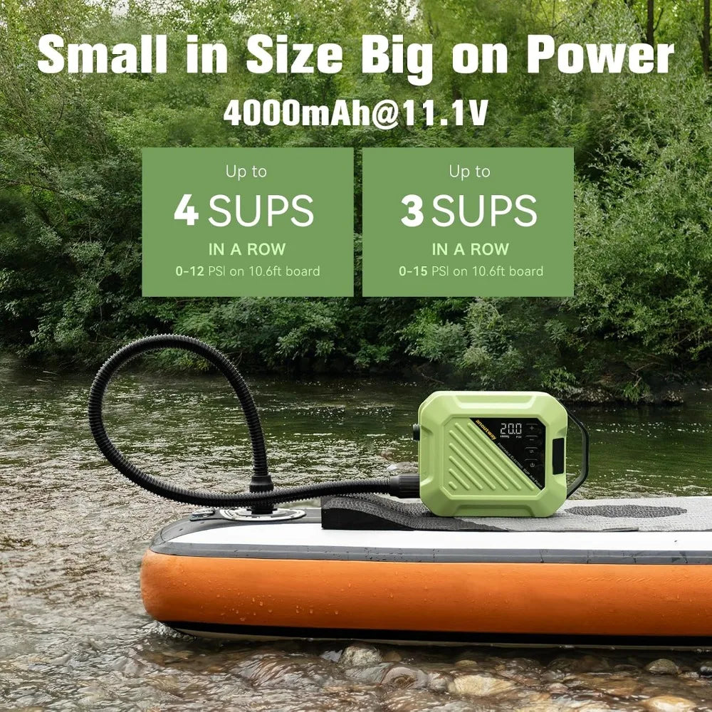 20PSI Electric SUP Pump, Dual Stage Auto-Off, Fast Inflation for Paddle Boards, Kites, Tents