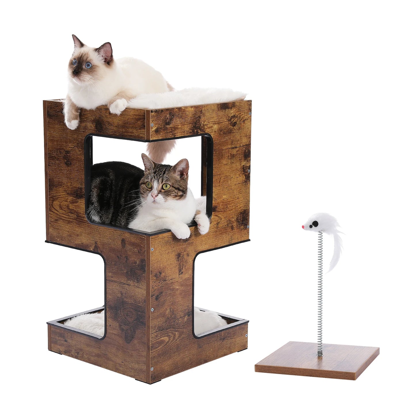 Give your cat a cozy retreat with this stylish wooden condo that doubles as a playful climbing tower at home.