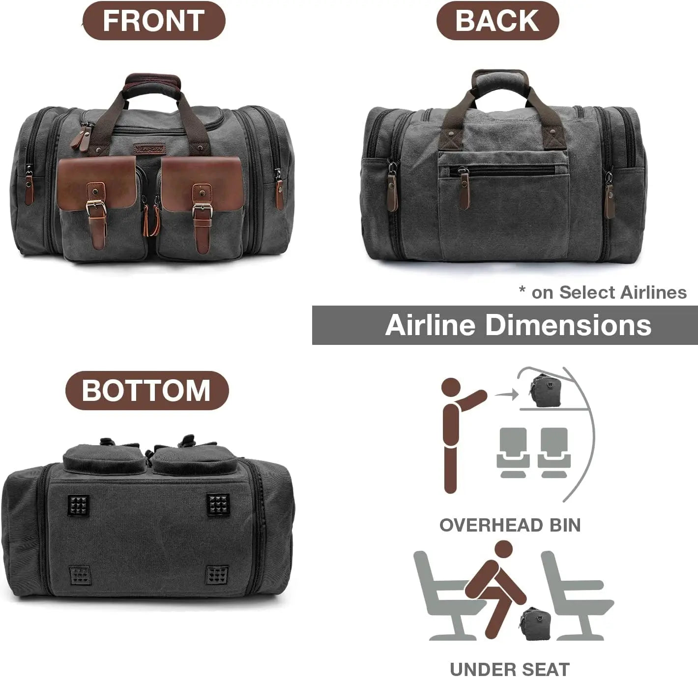 Expandable 60L Canvas Leather Duffle Bag, Waterproof Travel Weekender Carry-On with Shoe Compartment