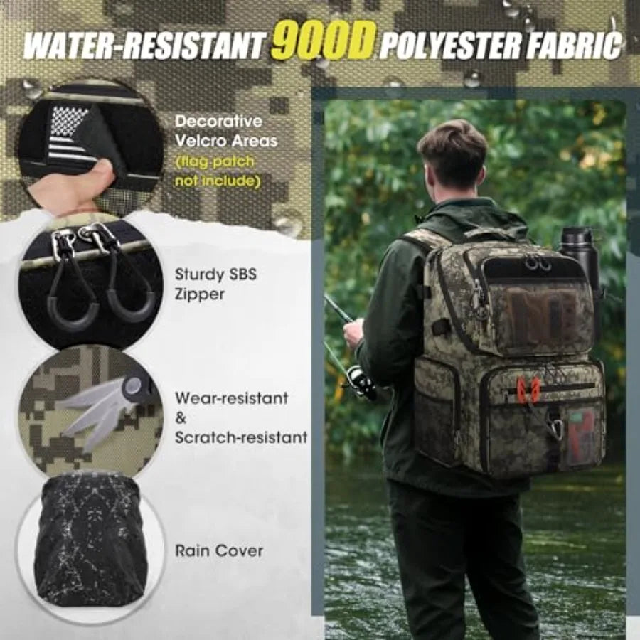 45L Fishing Backpack with Rod Holders and Rain Cover Large 900D Water-resistant Fishing Tackle Bag Store Fishing Gear