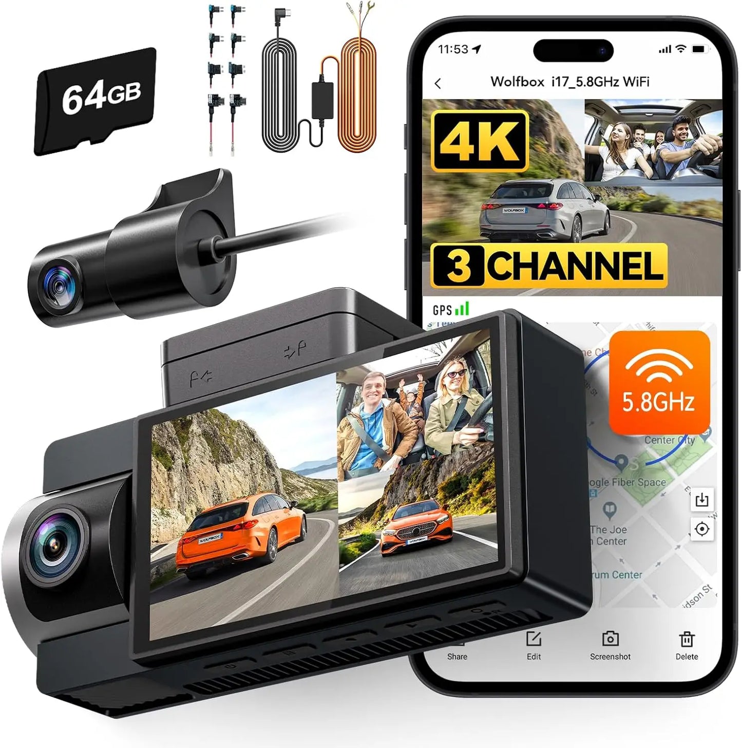 WOLFBOX i17 4K 3 Lens Dash Camera 3 Cameras Dashcam 5G Wifi App Control Car Cam Recorder Front/Cabin/Rear GPS Night Vision