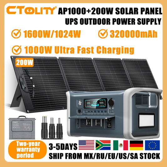 CTOLITY AP1000 1600W 1024Wh 110V Portable Solar Generator SPC200 200W ETFE Material Solar Panel  Lifepo4 Battery Power Station emergency Supply