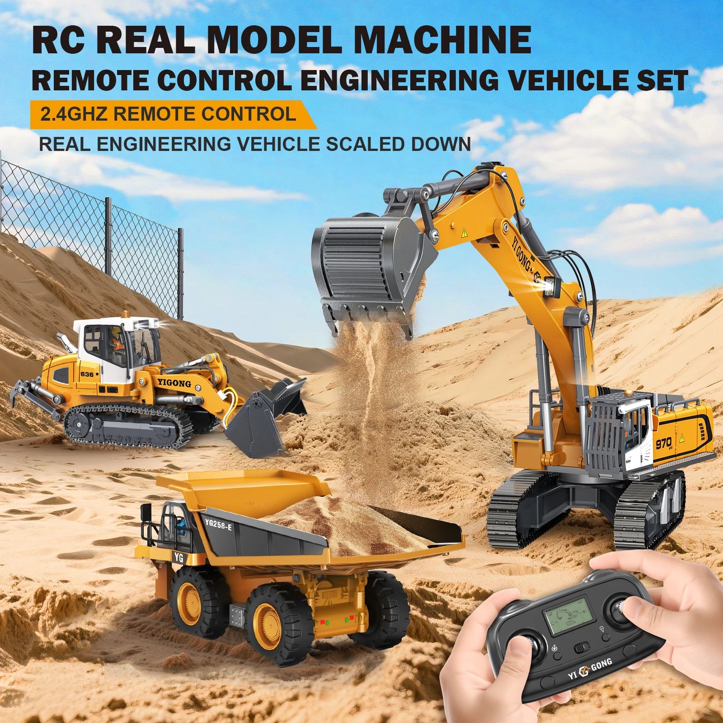 3PC 2.4G RC Engineering Vehicle Set – Remote Control Construction Truck Toys for Boys 1:50 alloy RC excavator engineering