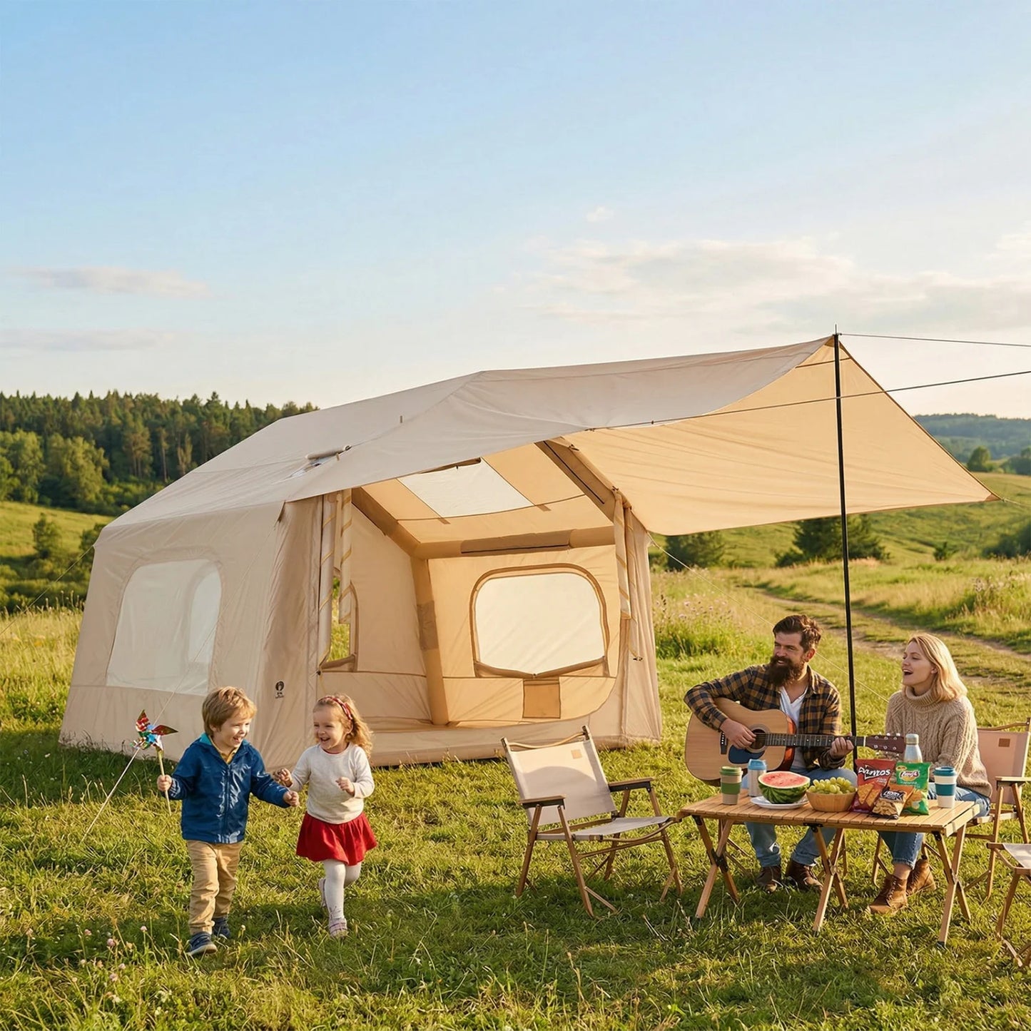 Quick Setup Inflatable Camping Tent for 6 People – Large Outdoor Shelter with Skylight and Canopy – Easy Blow Up Design- Well-Ventilated– 8 Square Size