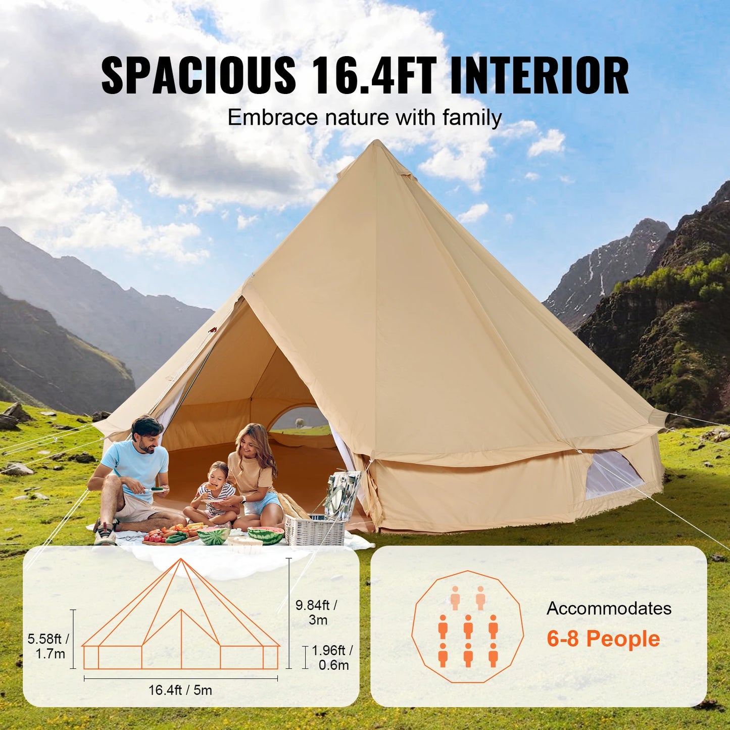 Elevate your outdoor gatherings with our spacious canvas bell tent designed for year-round comfort and effortless setup.