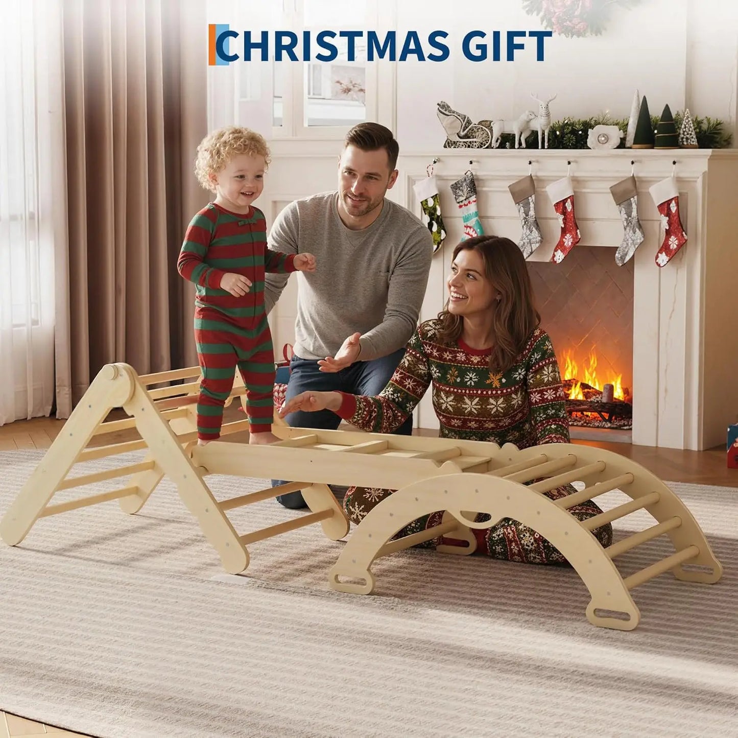 Collapsible Wooden Climbing Triangle Set For Toddlers With Arch Ramp And Ladder