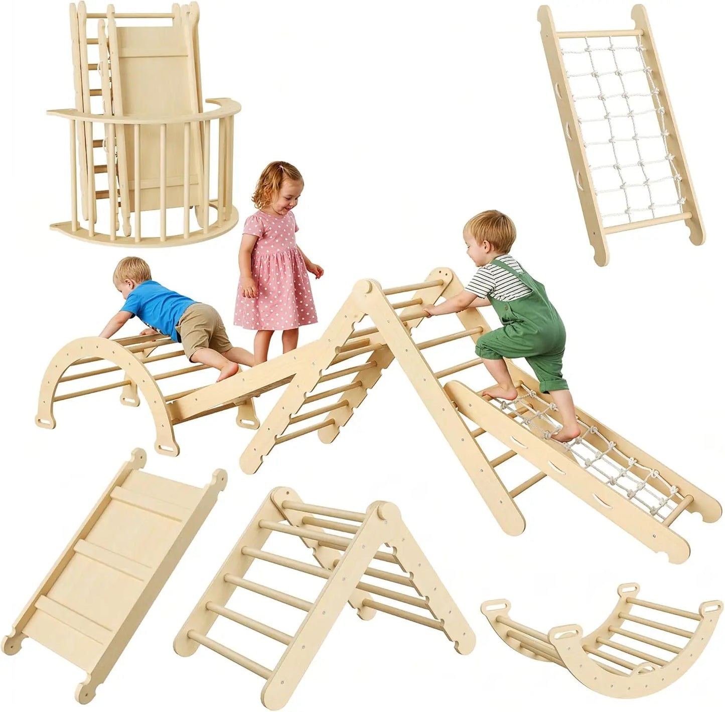 Collapsible Wooden Climbing Triangle Set For Toddlers With Arch Ramp And Ladder