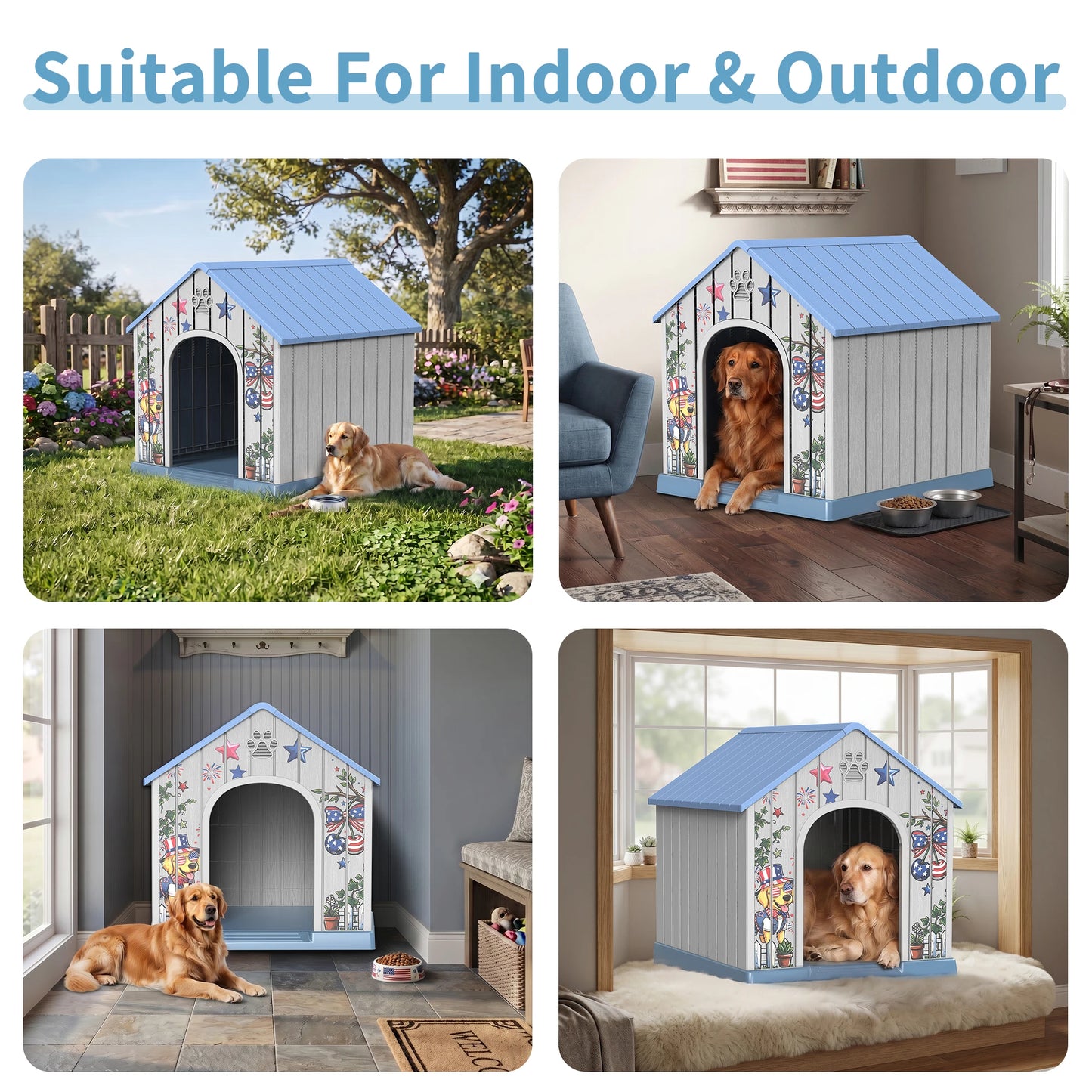 Weatherproof Outdoor Plastic Dog House With Printed Pattern Door Cover