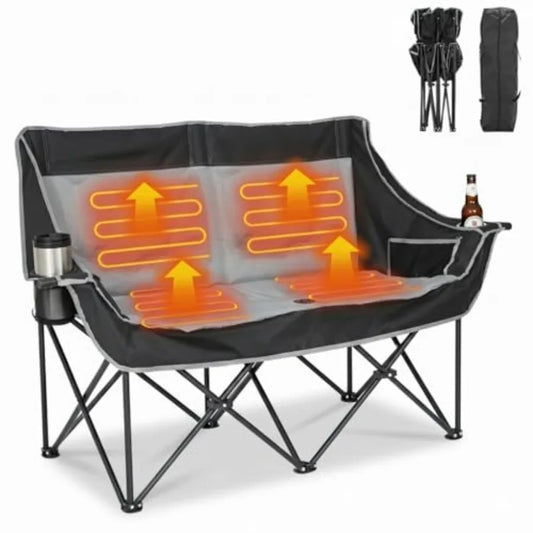 Heated Double Camping Chair for Adults 2 Person Loveseat Camping Chair Fold-Up Oversized Camp Chair for Lawn Outdoor Sports wit