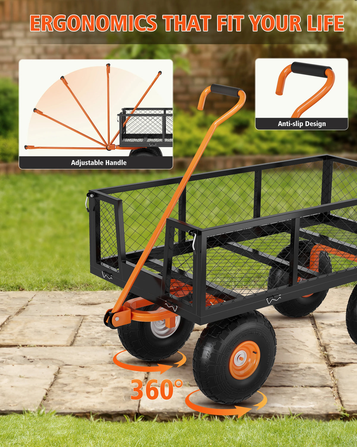 Heavy Duty All Terrain Garden Cart With Removable Sides And Rotating Handle
