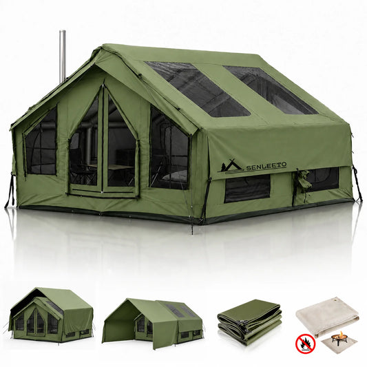 SENLEETO Large Inflatable Camping Tent 6-8 Person with Waterproof Mat,420D Oxford Glamping Hot Tent with Stove Jack AC Port,Easy Setup Blow Up Tent for Outdoor Camping