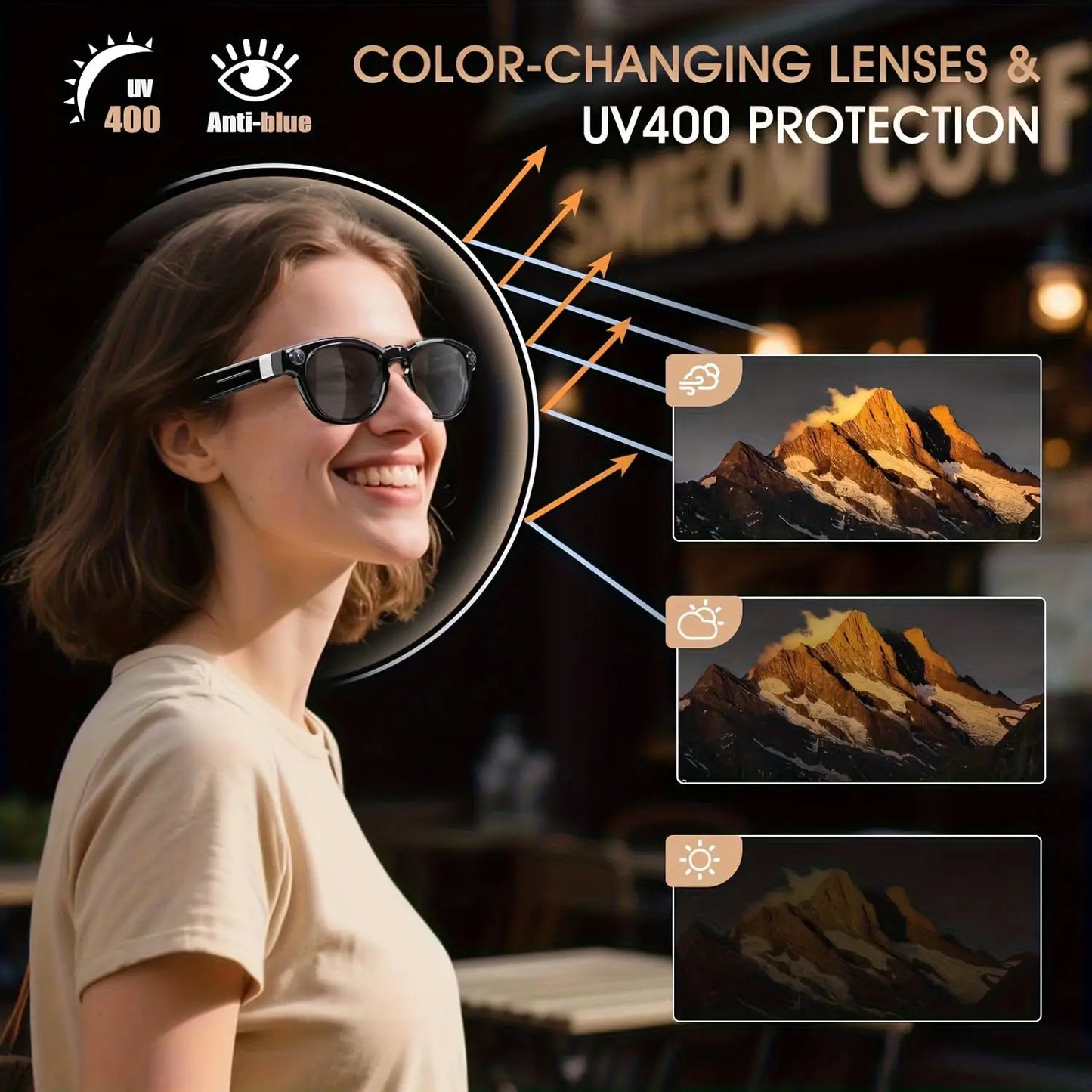 Smart Glasses Real-Time Translation Powered AI Chat Assistant, 8MP Camera 1080P Video Dual Mics Speakers photochromic lenses