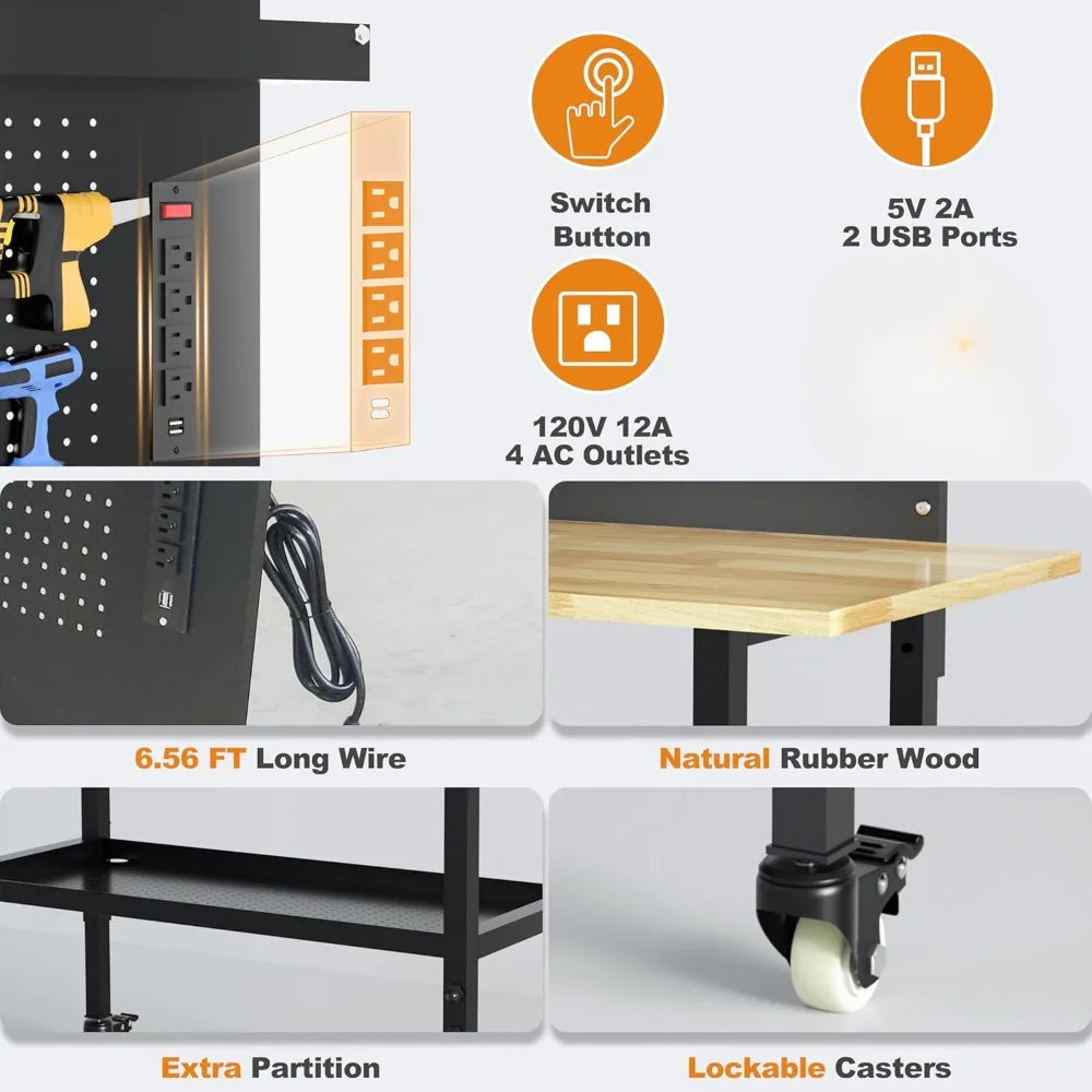 60" Heavy Duty Adjustable Workbench with Large Pegboard& Partition, Adjustable Work Table with Power Outlets & Lockable Wheels